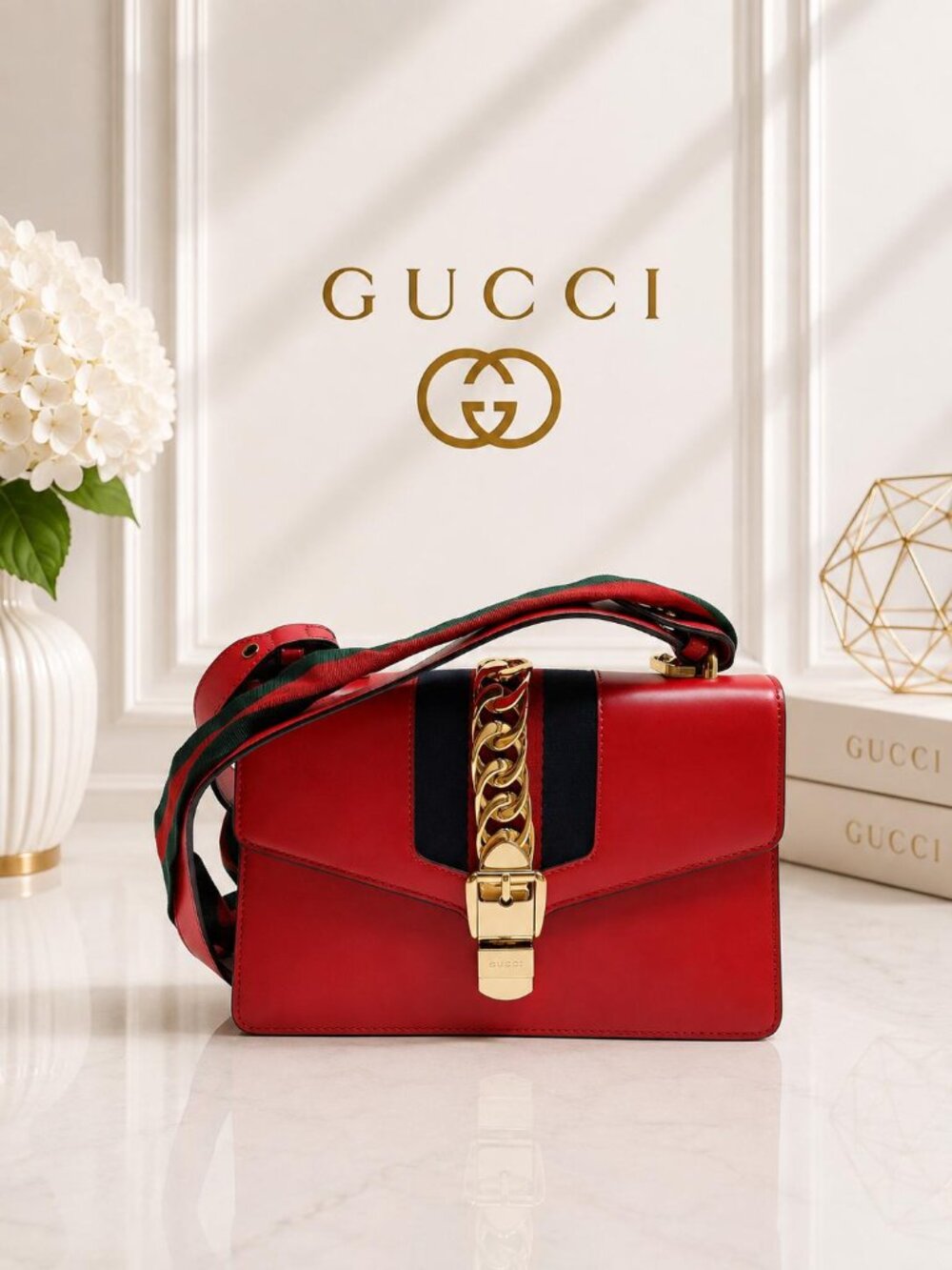 Authentic Gucci Sylvie Red Leather Web Stripe Chain Crossbody Shoulder Bag